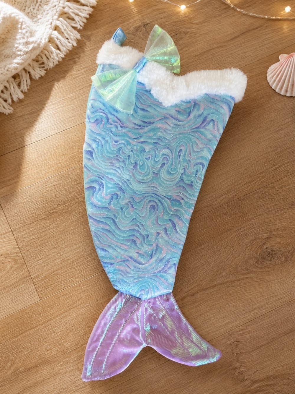 Iridescent Mermaid Stocking with Bow - Pastel Blue & Purple